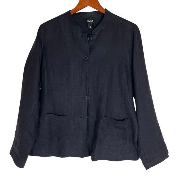 Eileen Fisher Womens Linen Mandarin Collar Button Front Coat Navy Blue Medium - Picture 1 of 15